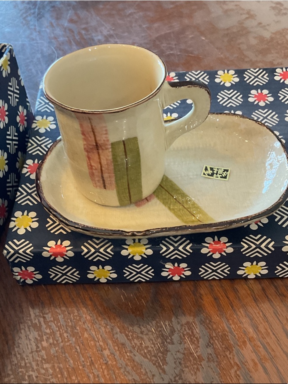 Ceramic Espresso Cup & Saucer Set in Cream with Green Accent
